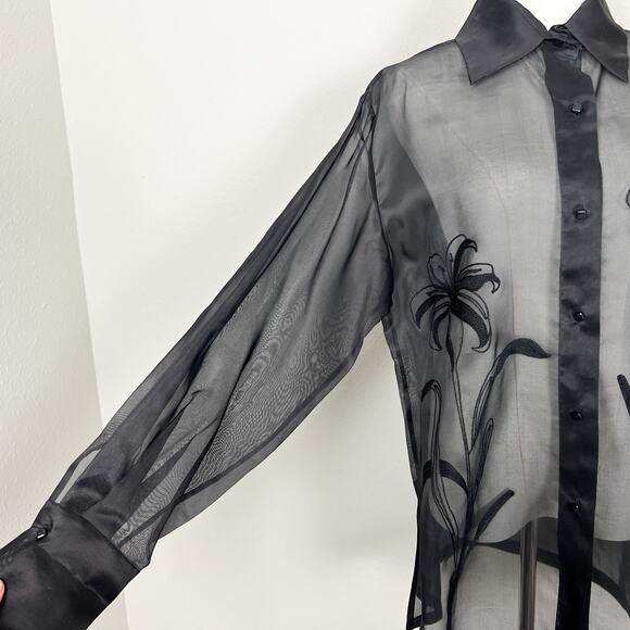 90s vintage black silk minimalist sheer organza emboidered tunic shirt blouse - Picture 7 of 10
